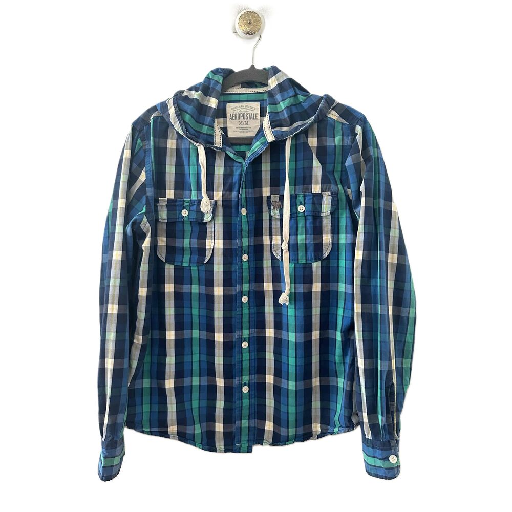 Aeropostale Shirt Men Medium Blue Windowpane Plaid Hooded Long Sleeve Pocket